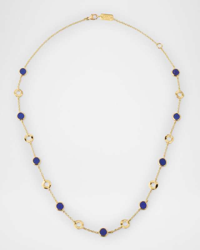 18K Polished Rock Candy Wavy Disc and Lapis Stone Slice Necklace, 16-18"L